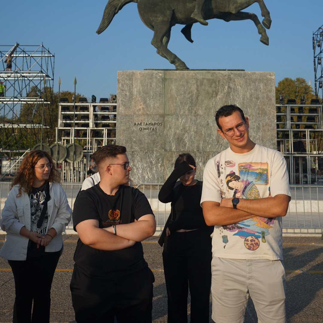 First years on the Freshers' Week city tour at the Alexander the Great statue